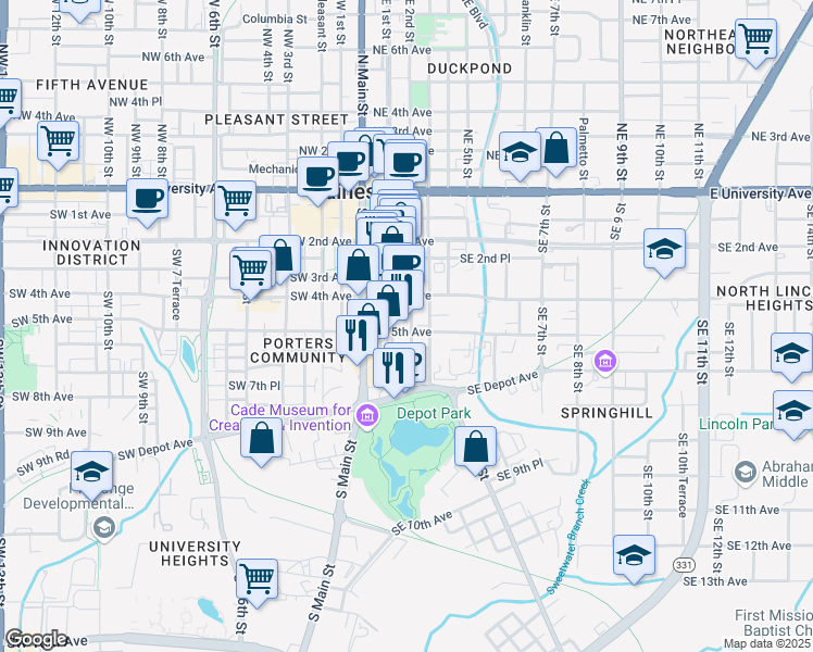 map of restaurants, bars, coffee shops, grocery stores, and more near 426 Southeast 2 Street in Gainesville