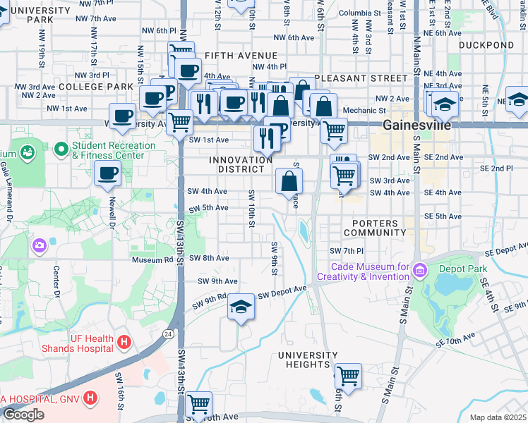 map of restaurants, bars, coffee shops, grocery stores, and more near 504 Southwest 10th Street in Gainesville