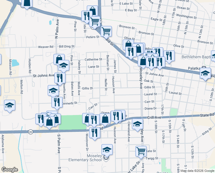 map of restaurants, bars, coffee shops, grocery stores, and more near 127 Nellie Street in Palatka