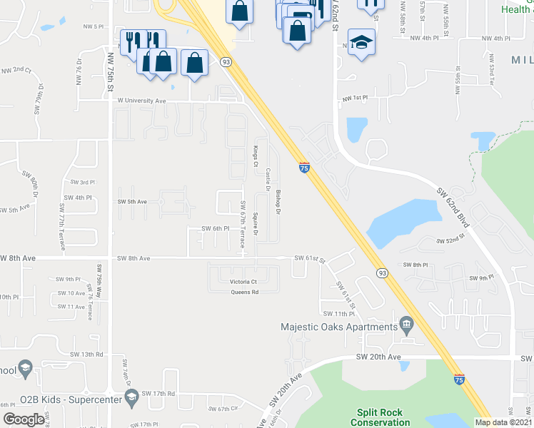 map of restaurants, bars, coffee shops, grocery stores, and more near 162 Castle Drive in Gainesville