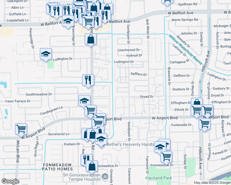 map of restaurants, bars, coffee shops, grocery stores, and more near 6457 Old Chatham Lane in Houston