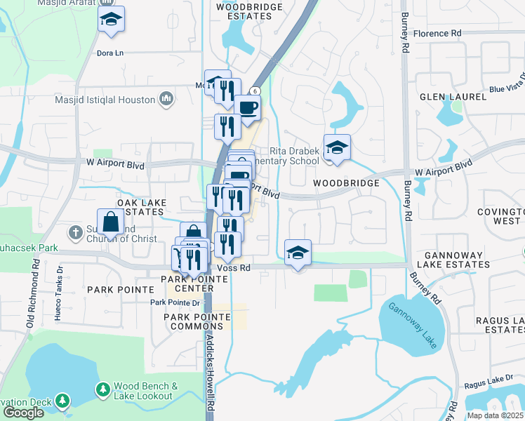 map of restaurants, bars, coffee shops, grocery stores, and more near 15015 West Airport Boulevard in Sugar Land