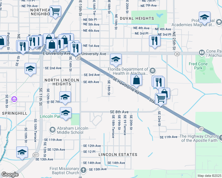map of restaurants, bars, coffee shops, grocery stores, and more near 501 Southeast 18th Street in Gainesville