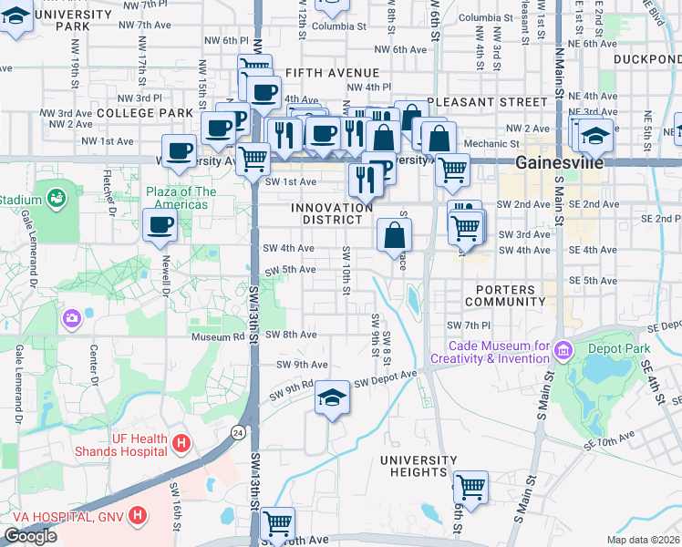 map of restaurants, bars, coffee shops, grocery stores, and more near 504 Southwest 10th Street in Gainesville
