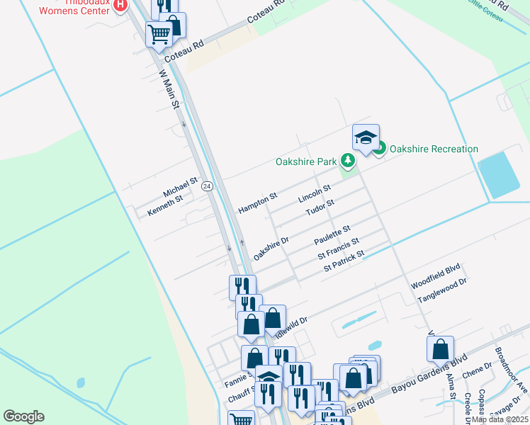 map of restaurants, bars, coffee shops, grocery stores, and more near 3617 Euclid Street in Houma