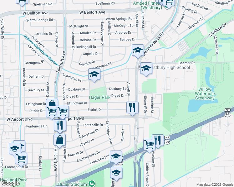 map of restaurants, bars, coffee shops, grocery stores, and more near 5614 Dryad Drive in Houston