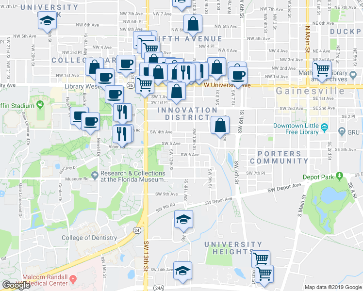 map of restaurants, bars, coffee shops, grocery stores, and more near 1107 Southwest 5th Avenue in Gainesville