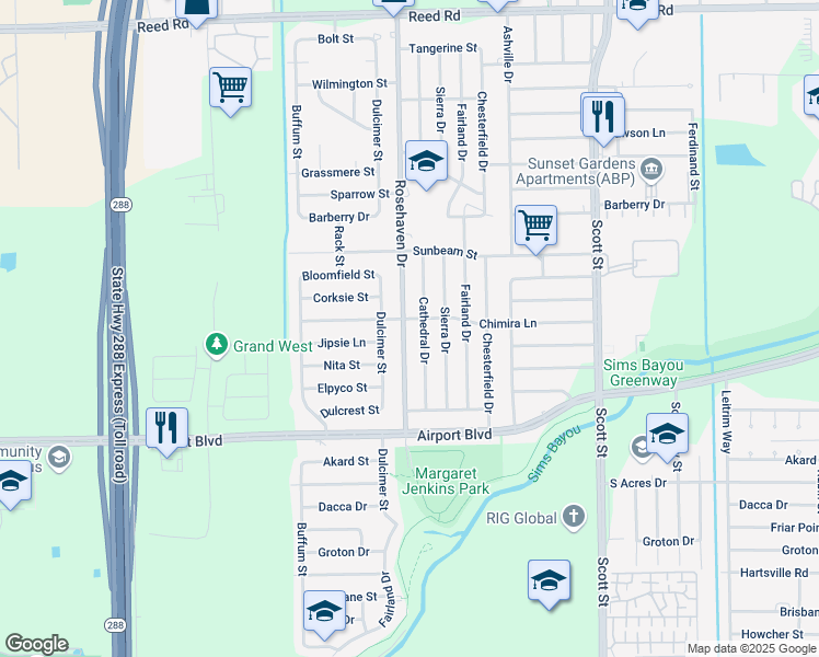map of restaurants, bars, coffee shops, grocery stores, and more near 10305 Rosehaven Drive in Houston