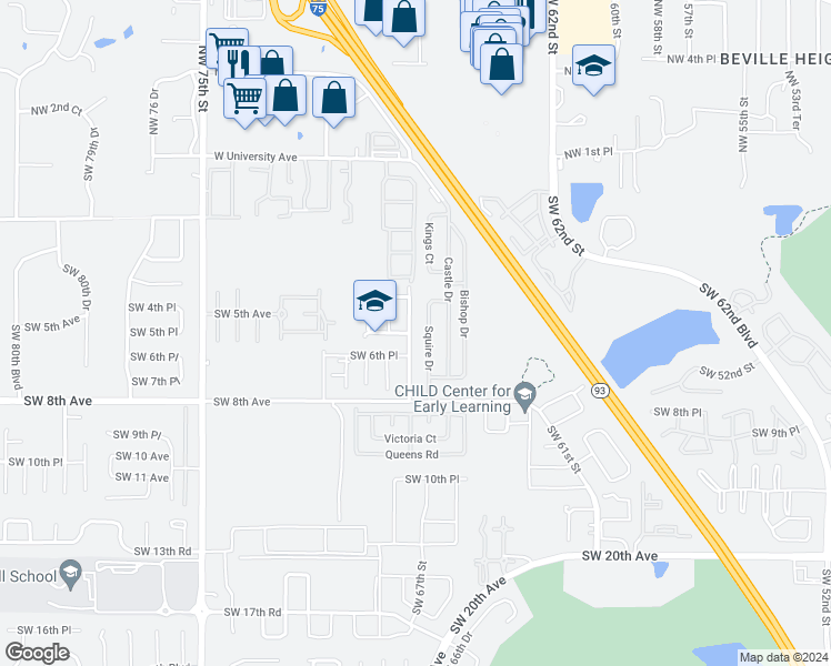 map of restaurants, bars, coffee shops, grocery stores, and more near 517 Southwest 67th Terrace in Gainesville
