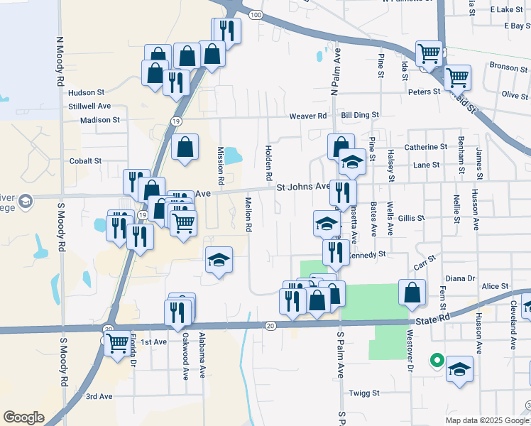 map of restaurants, bars, coffee shops, grocery stores, and more near 3421-APT Saint Johns Avenue in Palatka