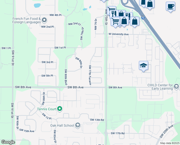 map of restaurants, bars, coffee shops, grocery stores, and more near 516 Southwest 77th Terrace in Gainesville