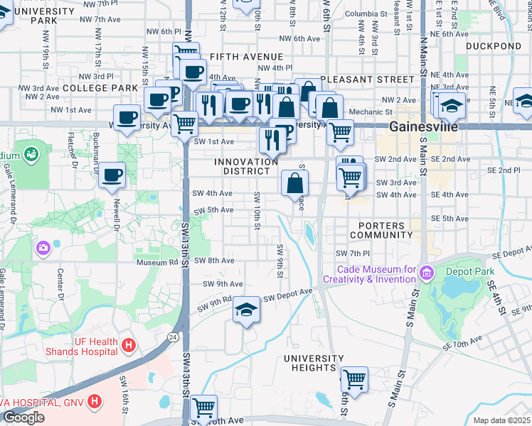 map of restaurants, bars, coffee shops, grocery stores, and more near 504 Southwest 10th Street in Gainesville