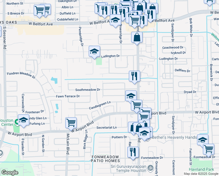 map of restaurants, bars, coffee shops, grocery stores, and more near 7710 Southmeadow Drive in Houston