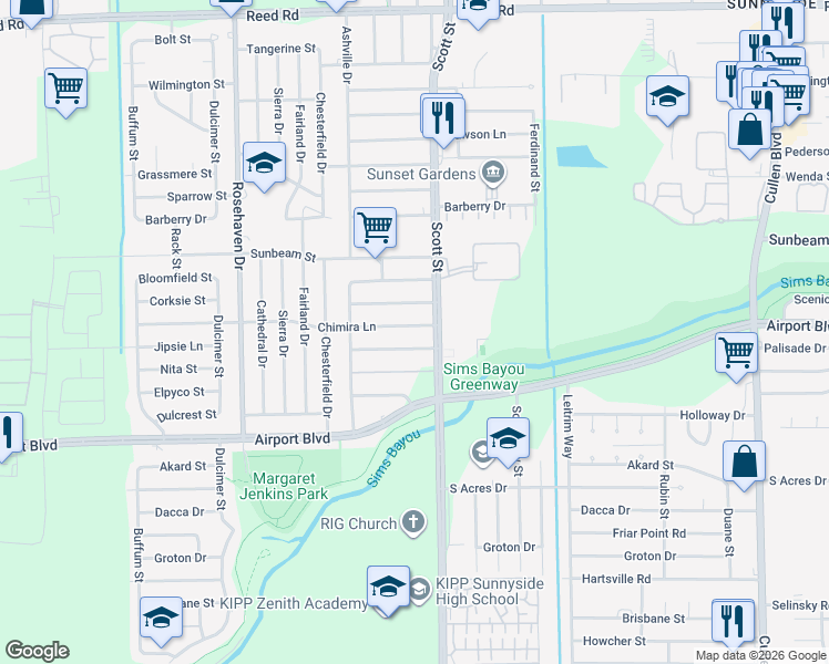 map of restaurants, bars, coffee shops, grocery stores, and more near 3626 Chimira Lane in Houston