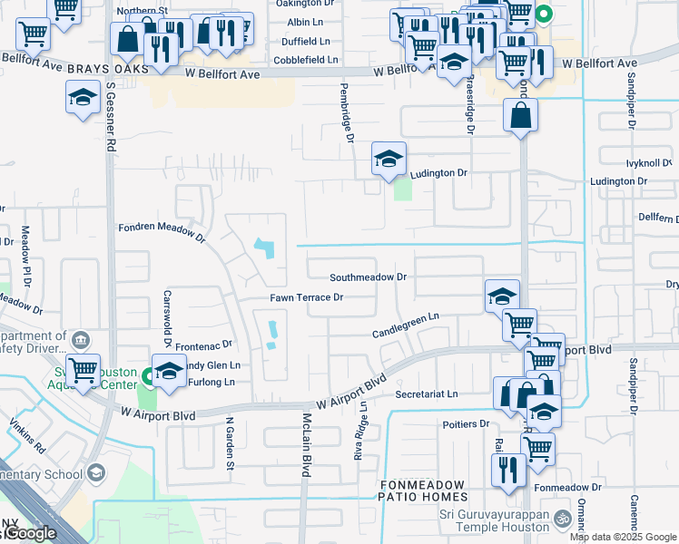 map of restaurants, bars, coffee shops, grocery stores, and more near 7934 Southmeadow Drive in Houston