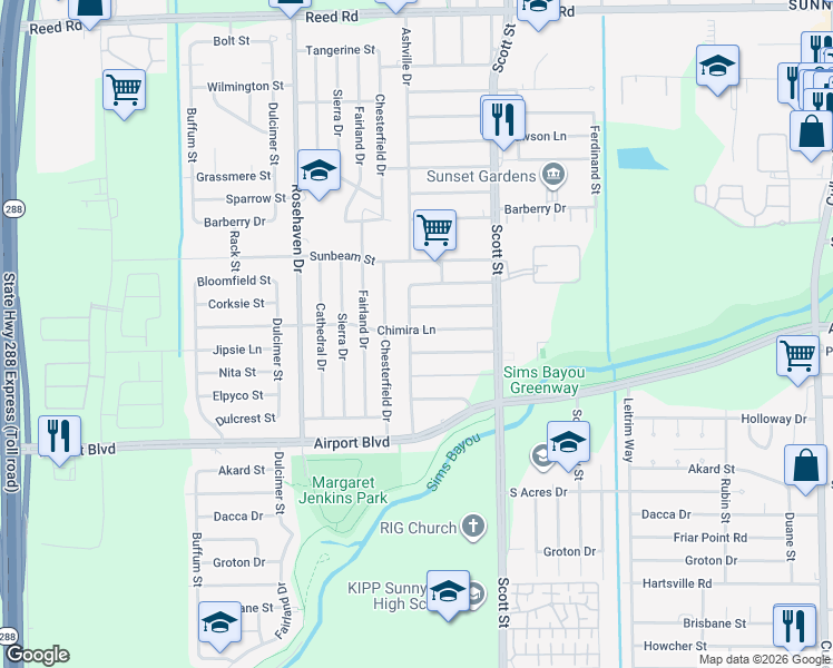 map of restaurants, bars, coffee shops, grocery stores, and more near 10301 Ashville Drive in Houston