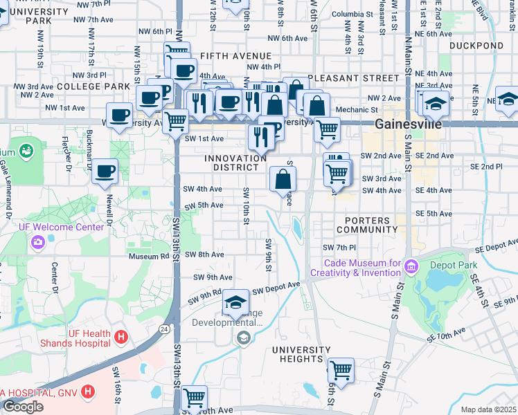 map of restaurants, bars, coffee shops, grocery stores, and more near 917 Southwest 5th Avenue in Gainesville