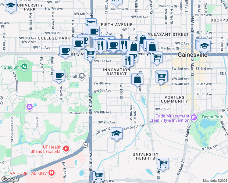 map of restaurants, bars, coffee shops, grocery stores, and more near 1101 Southwest 5th Avenue in Gainesville