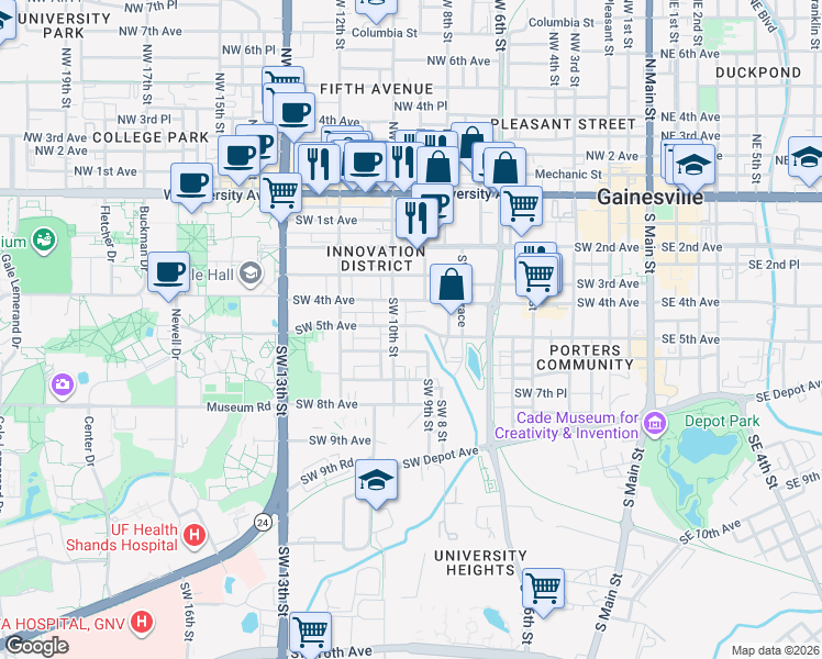 map of restaurants, bars, coffee shops, grocery stores, and more near 919 Southwest 5th Avenue in Gainesville
