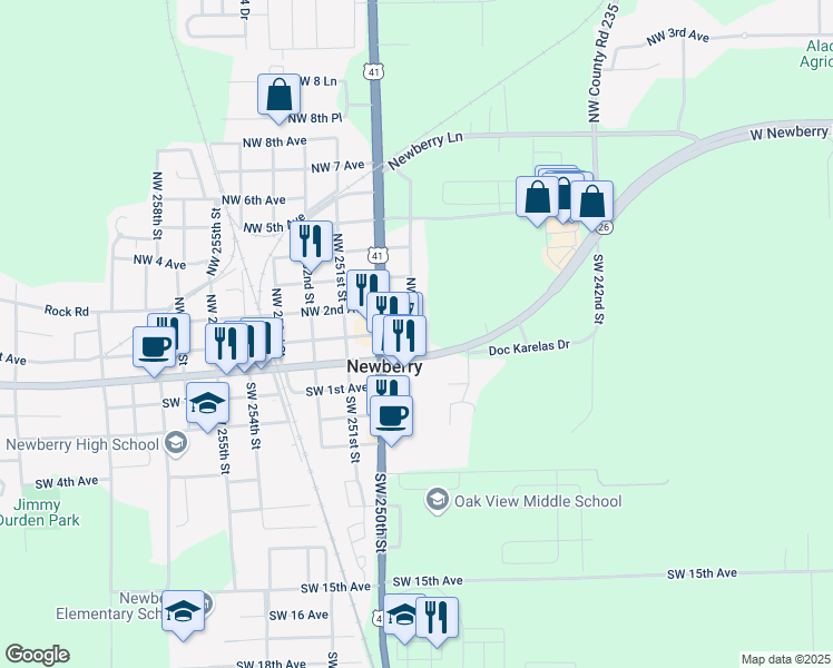 map of restaurants, bars, coffee shops, grocery stores, and more near 101 Northwest 249 Street in Newberry