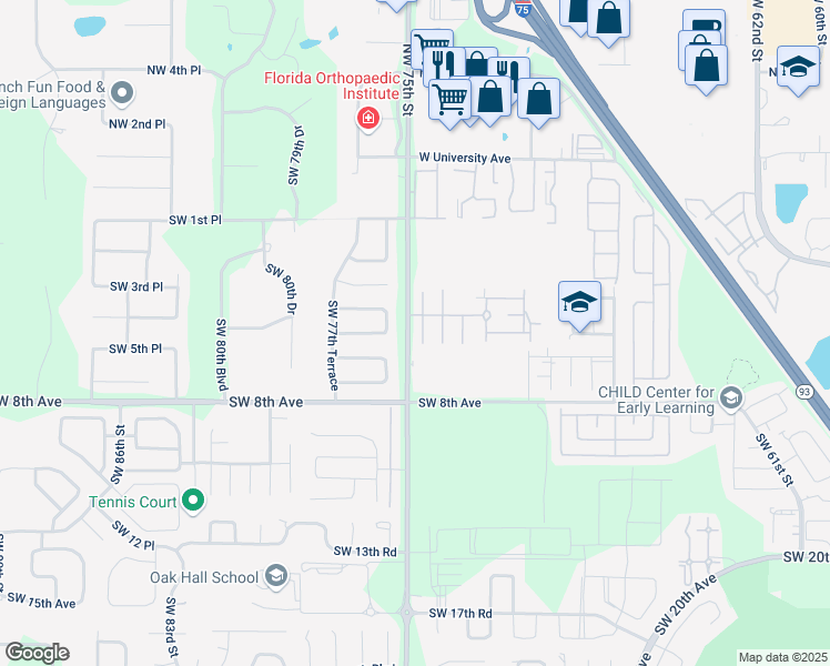 map of restaurants, bars, coffee shops, grocery stores, and more near 501 Southwest 75th Street in Gainesville