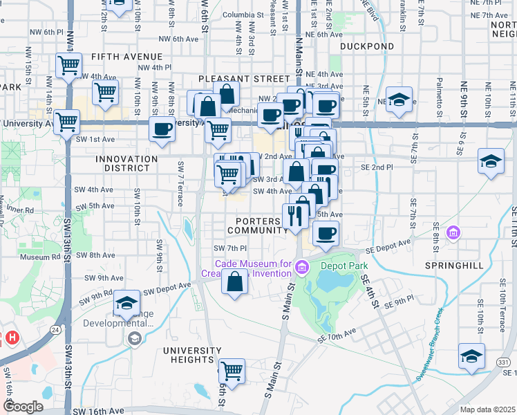 map of restaurants, bars, coffee shops, grocery stores, and more near 226 Southwest 5th Avenue in Gainesville