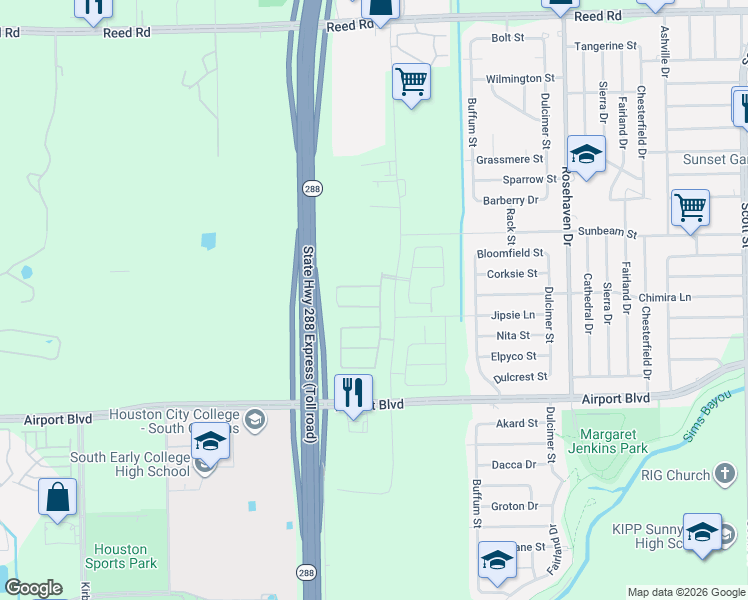 map of restaurants, bars, coffee shops, grocery stores, and more near Airport Boulevard in Houston