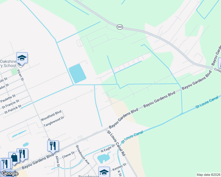 map of restaurants, bars, coffee shops, grocery stores, and more near 119 Amber Beth Court in Houma