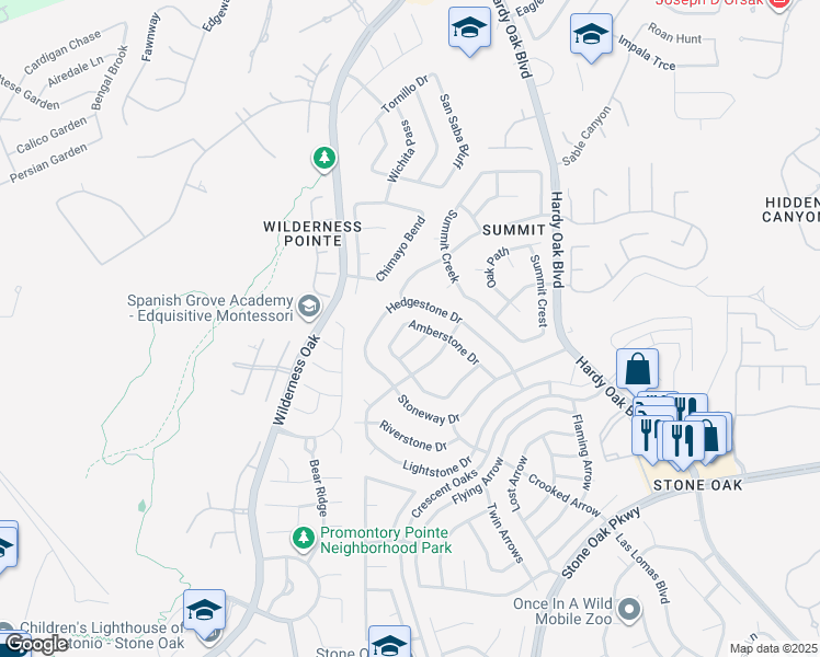 map of restaurants, bars, coffee shops, grocery stores, and more near 843 Amberstone Dr in San Antonio