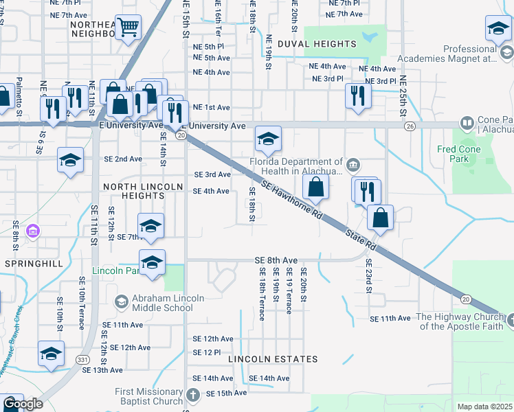 map of restaurants, bars, coffee shops, grocery stores, and more near 501 Southeast 18th Street in Gainesville