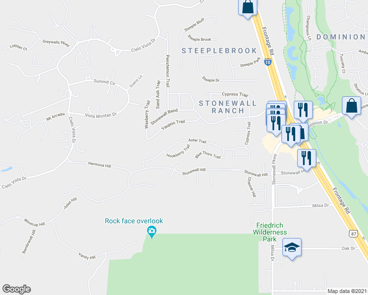 map of restaurants, bars, coffee shops, grocery stores, and more near 611 Hookberry Trail in San Antonio