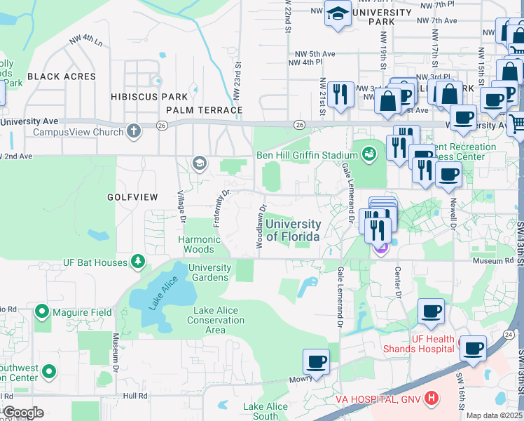 map of restaurants, bars, coffee shops, grocery stores, and more near 2307 Woodlawn Drive in Gainesville