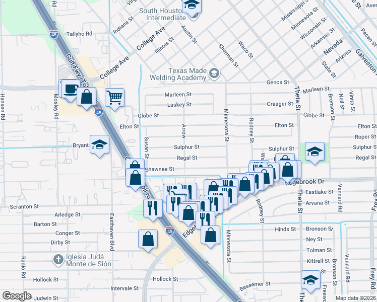 map of restaurants, bars, coffee shops, grocery stores, and more near 1230 Sulphur Street in Houston