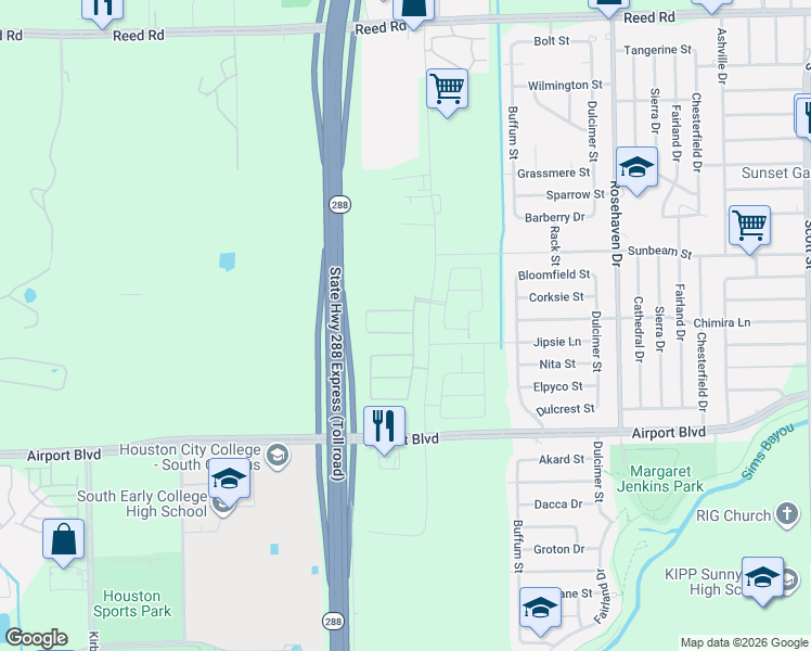 map of restaurants, bars, coffee shops, grocery stores, and more near Airport Boulevard in Houston