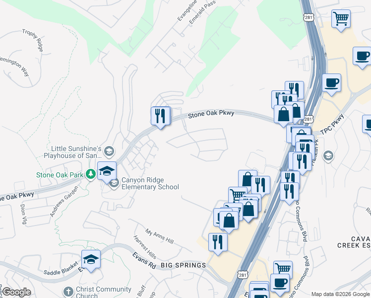 map of restaurants, bars, coffee shops, grocery stores, and more near 11 Kings Canyon in San Antonio