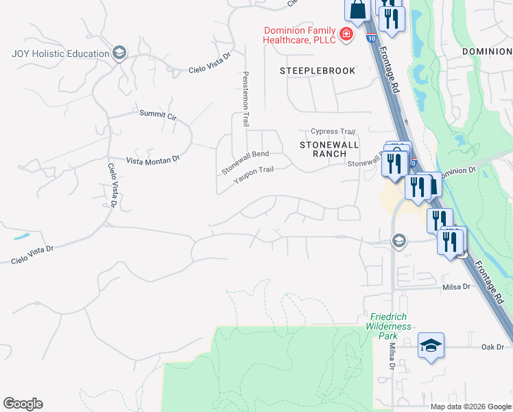 map of restaurants, bars, coffee shops, grocery stores, and more near 642 Aster Trail in San Antonio