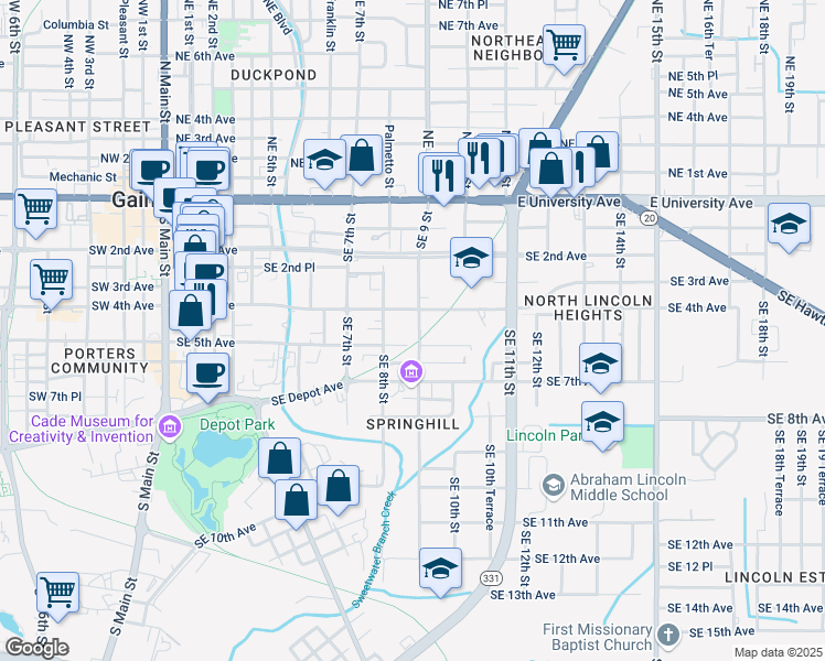 map of restaurants, bars, coffee shops, grocery stores, and more near 814 Southeast 5th Avenue in Gainesville