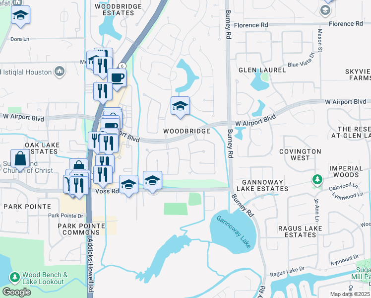 map of restaurants, bars, coffee shops, grocery stores, and more near 11510 Hills Bridge Lane in Sugar Land