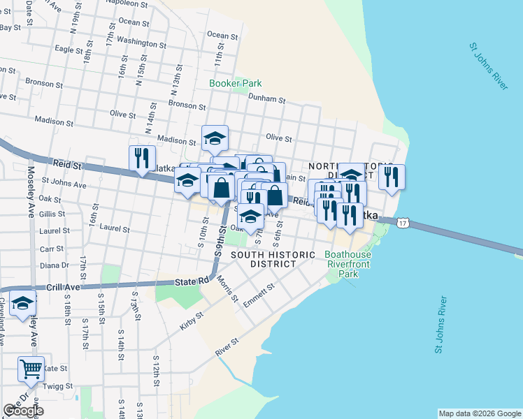 map of restaurants, bars, coffee shops, grocery stores, and more near 708 Saint Johns Avenue in Palatka