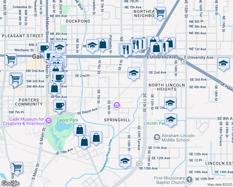 map of restaurants, bars, coffee shops, grocery stores, and more near 814 Southeast 5th Avenue in Gainesville