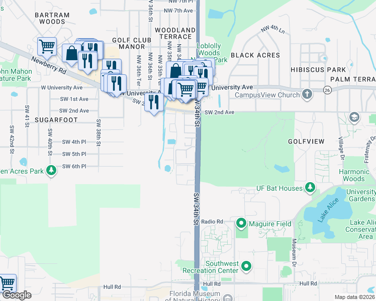 map of restaurants, bars, coffee shops, grocery stores, and more near 508 Southwest 34th Street in Gainesville