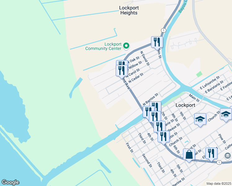 map of restaurants, bars, coffee shops, grocery stores, and more near 419 North Cedar Street in Lockport