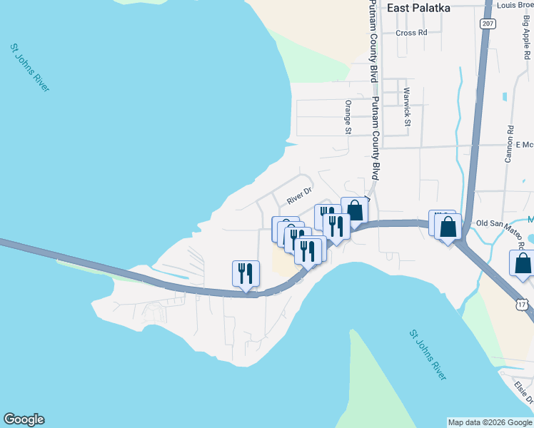 map of restaurants, bars, coffee shops, grocery stores, and more near 116 River Terrace in East Palatka