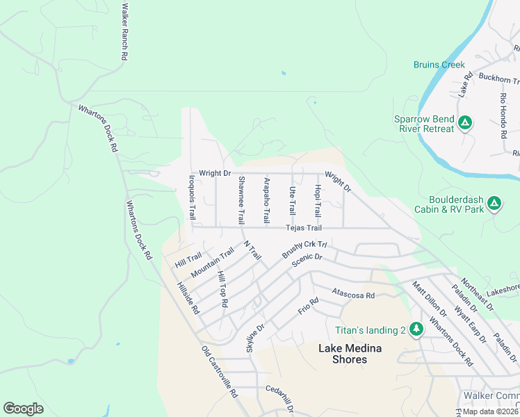 map of restaurants, bars, coffee shops, grocery stores, and more near 175 Arapaho Trail in Bandera