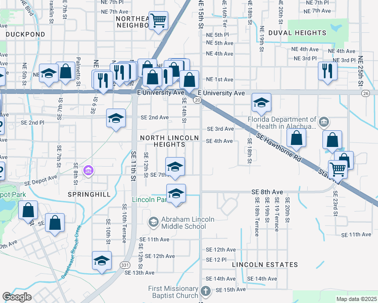 map of restaurants, bars, coffee shops, grocery stores, and more near 425 Southeast 14th Street in Gainesville