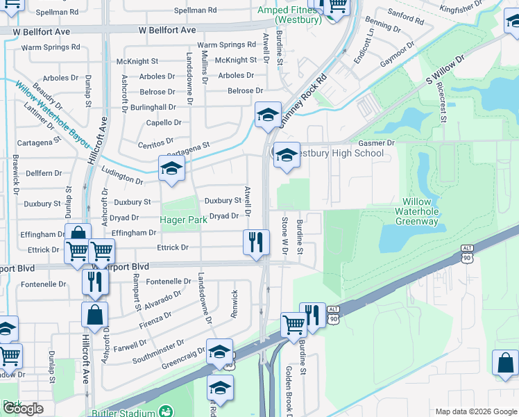 map of restaurants, bars, coffee shops, grocery stores, and more near 12110 Chimney Rock Road in Houston