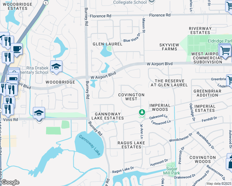 map of restaurants, bars, coffee shops, grocery stores, and more near 2002 Holly Glade Lane in Sugar Land