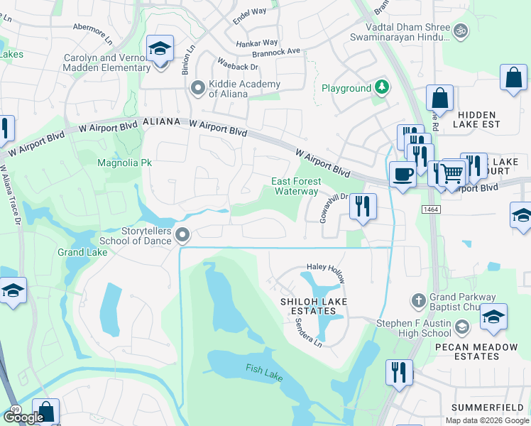 map of restaurants, bars, coffee shops, grocery stores, and more near 17402 Galloway Forest Drive in Richmond