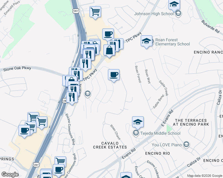 map of restaurants, bars, coffee shops, grocery stores, and more near 22107 Tower Terrace in San Antonio