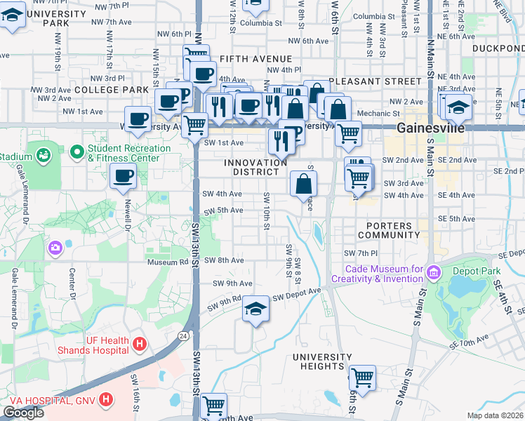 map of restaurants, bars, coffee shops, grocery stores, and more near 1011 Southwest 5th Avenue in Gainesville